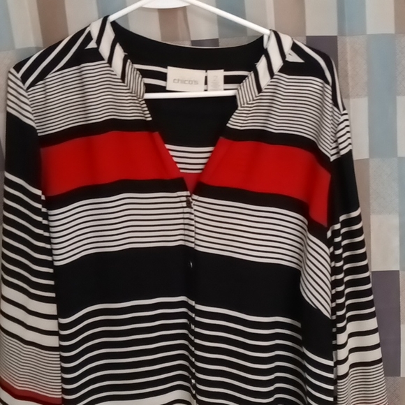 CHICO'S red white and black horizontally striped v-neck l/s blouse Size CHICO'S - Picture 1 of 3